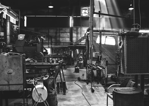 grayscale photography of garage