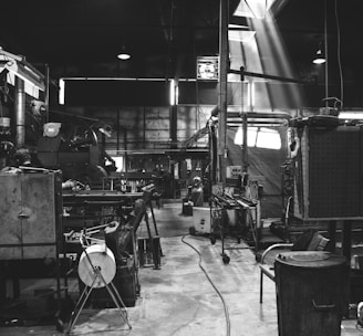 grayscale photography of garage