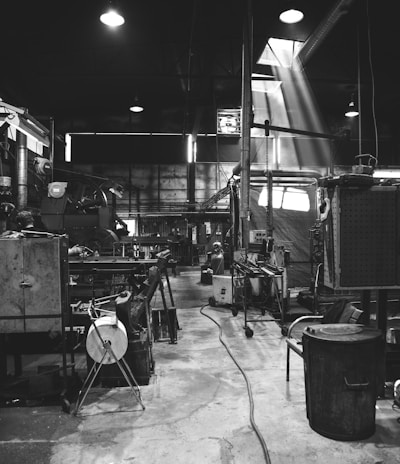 grayscale photography of garage