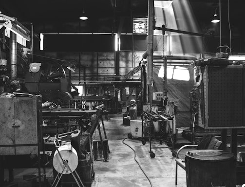 grayscale photography of garage
