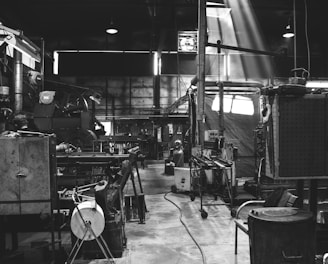 grayscale photography of garage