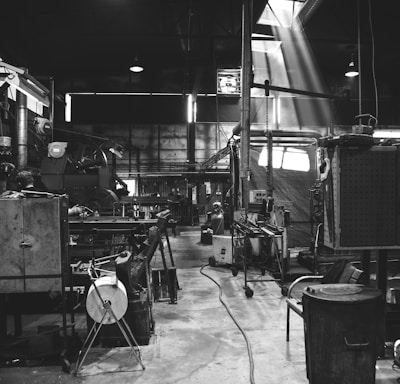 grayscale photography of garage