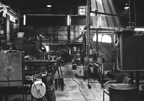 grayscale photography of garage