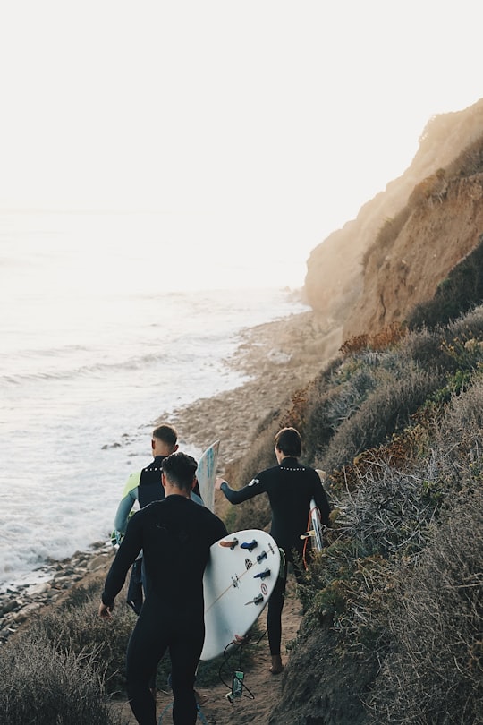 three men holding surfboards in Malibu United States