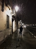 A solitary figure walking through a rain-soaked street.