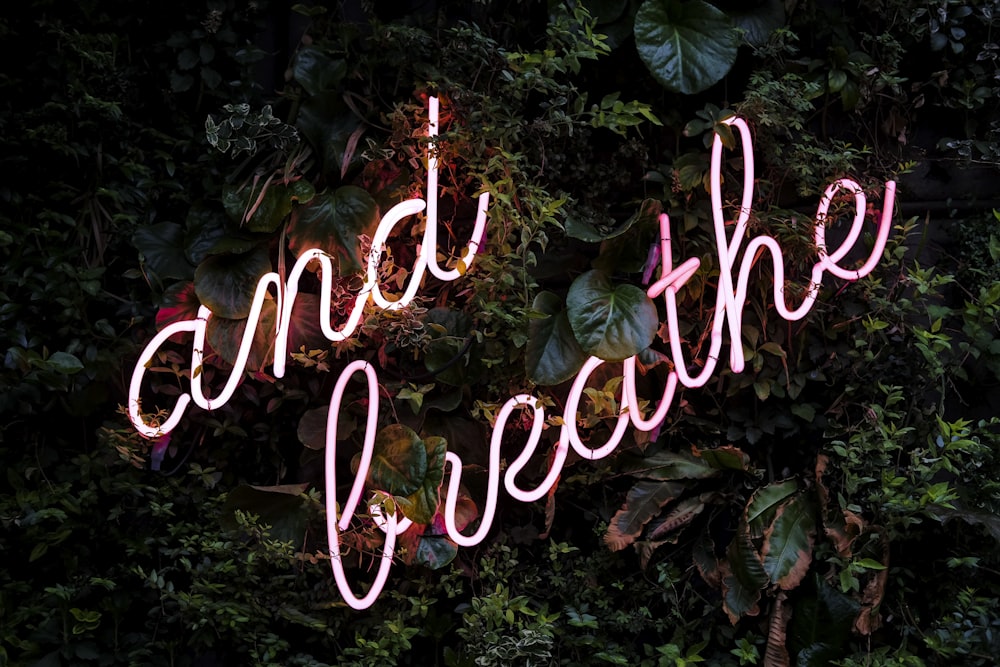 green leafed plants with and breathe neon sign