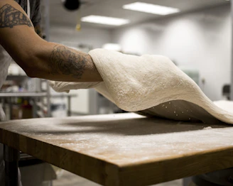 Pizzaiolo expertly stretching dough with flour-dusted hands in a rustic kitchen.