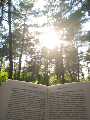 A smiling reader holding a Gracelit book outdoors, sunlight filtering through trees.