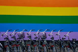 A row of colorful bicycles neatly lined up inside the store