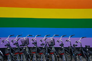 A row of colorful bicycles neatly lined up inside the store