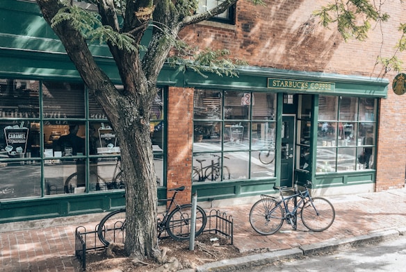 A quaint coffee shop exterior with a brick facade and green window frames. Bicycles are parked on a brick pathway outside, and a large tree grows in front of the shop.