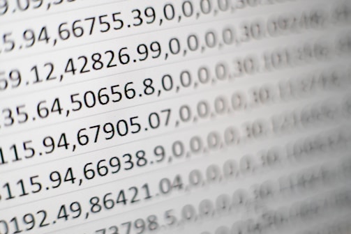 Close-up view of rows of numbers and data entries displayed in a grid format, resembling a spreadsheet or data table.