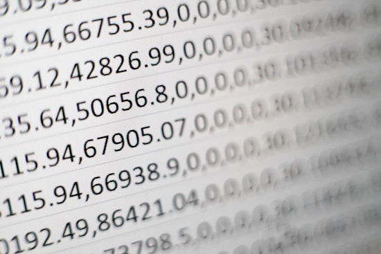Close-up view of rows of numbers and data entries displayed in a grid format, resembling a spreadsheet or data table.