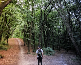 man standing in the middle of woods