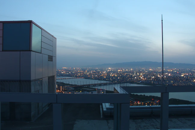 Chic city hotel rooftop with panoramic skyline views at dusk.