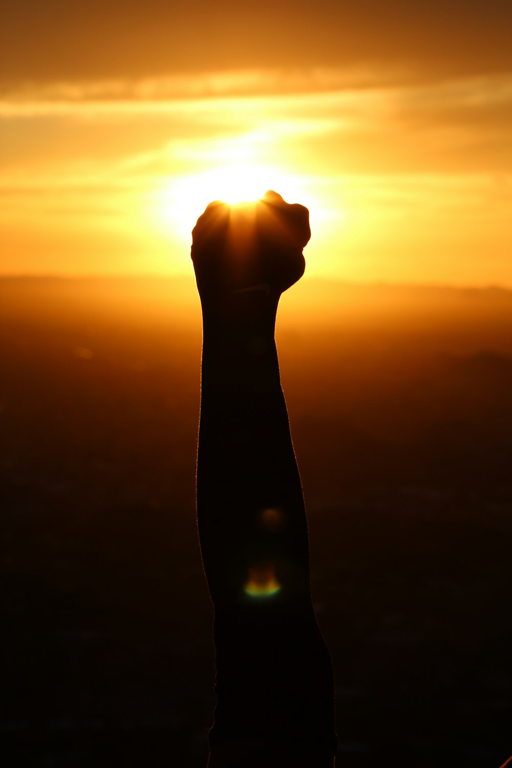 silhouette de poing de personne pendant le coucher du soleil