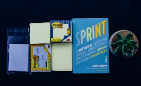 A blue book titled 'Sprint' is placed alongside multiple packs of Post-it notes, which include yellow and white pads. To the right of the book is a small green succulent plant in a round pot.