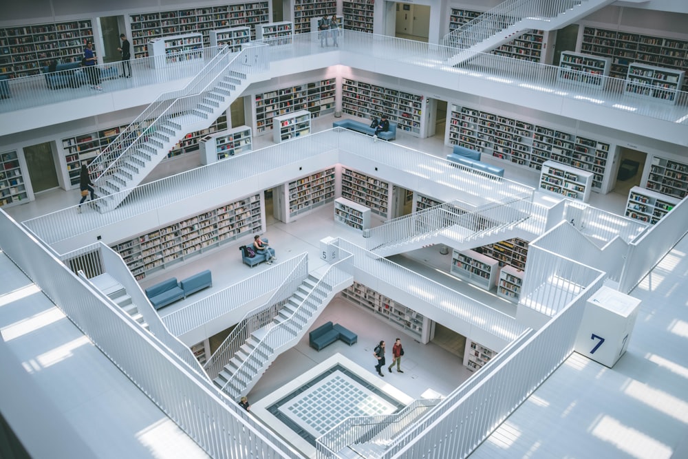 personnes marchant à l’intérieur de la bibliothèque