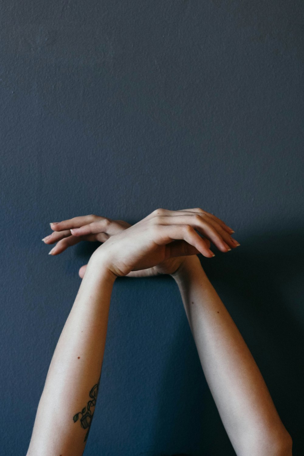 closeup photo of person gesturing hands up