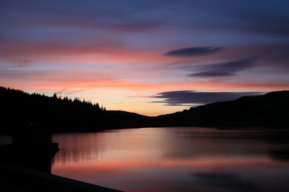 silhouette photo of body of water near trees