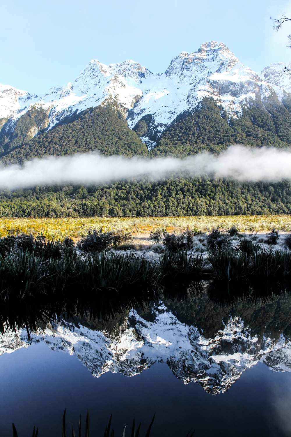 mountain reflecting on body of water