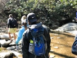 A group of hikers helping each other cross a rocky stream.