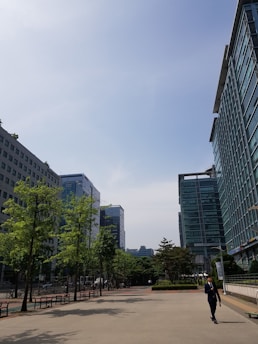 A cityscape with modern office buildings flanking a wide sidewalk lined with young trees. The sky is clear and blue, suggesting a sunny day. A person in business attire is walking along the sidewalk, adding a sense of movement to the otherwise calm scene.