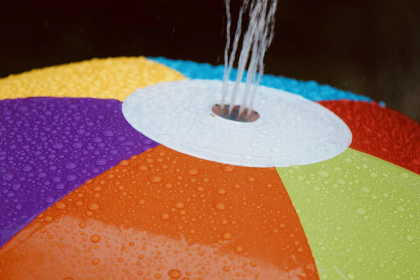 A close-up of colorful foam water balls splashing in a playful outdoor setting.