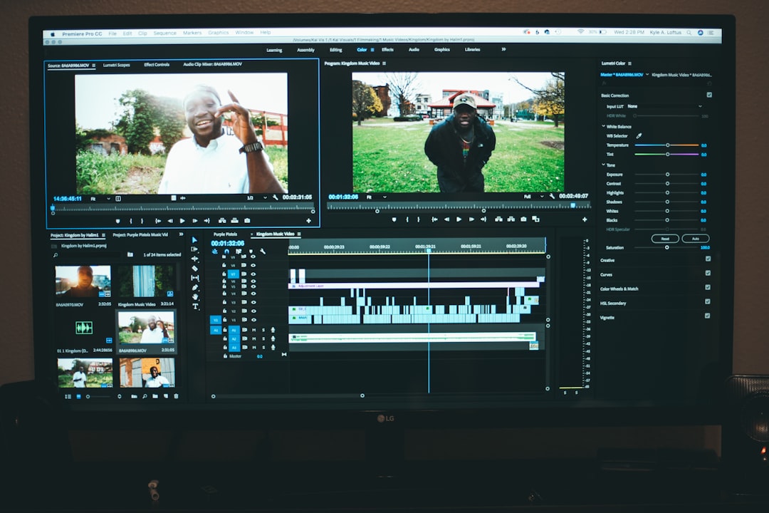 black flat screen tv turned on displaying man in black suit jacket, Editing Suite
