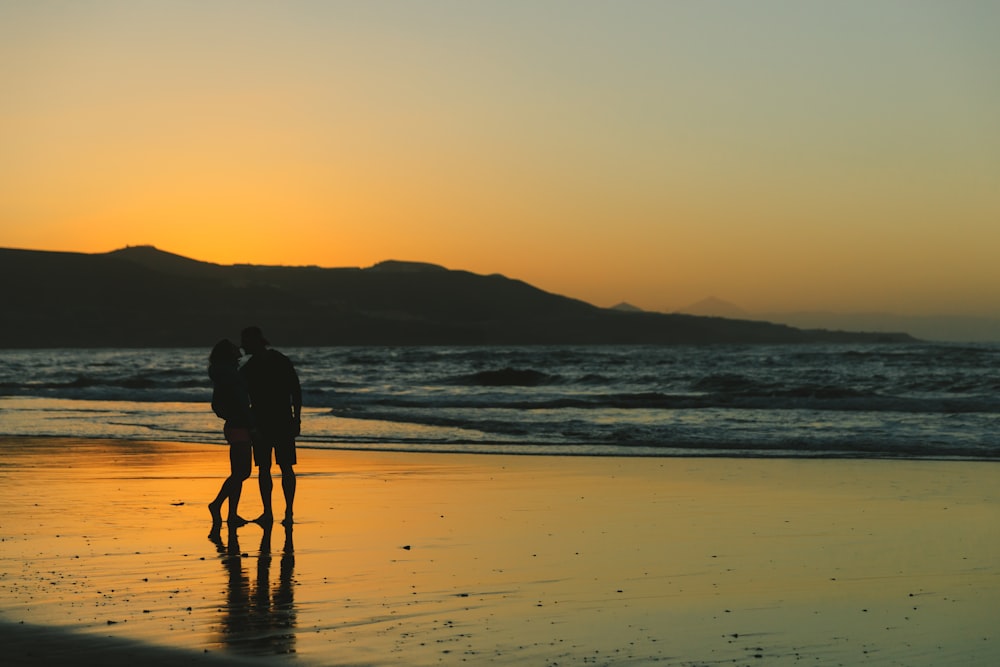 silhouette photo couple standing on shoreline during golden hour