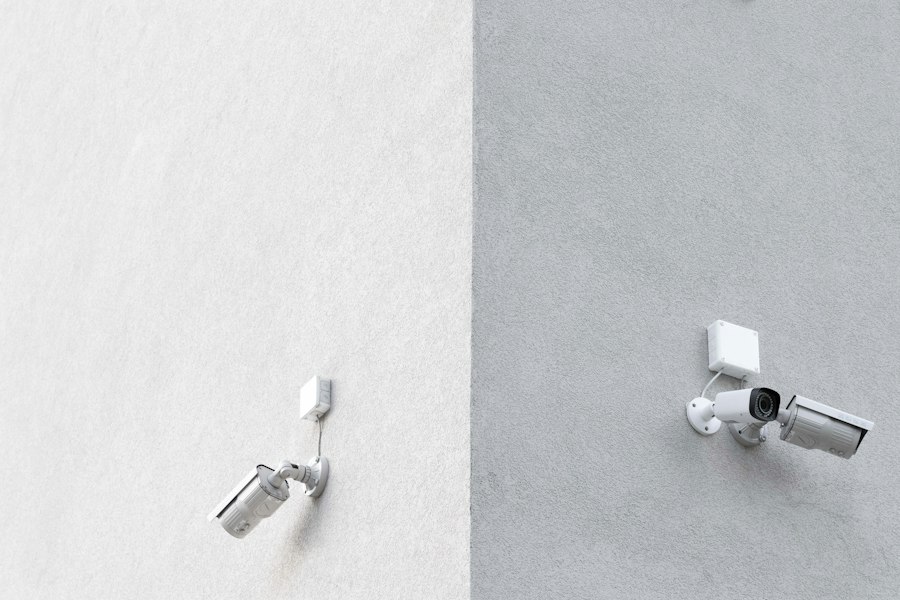 Security surveillance cameras on a building