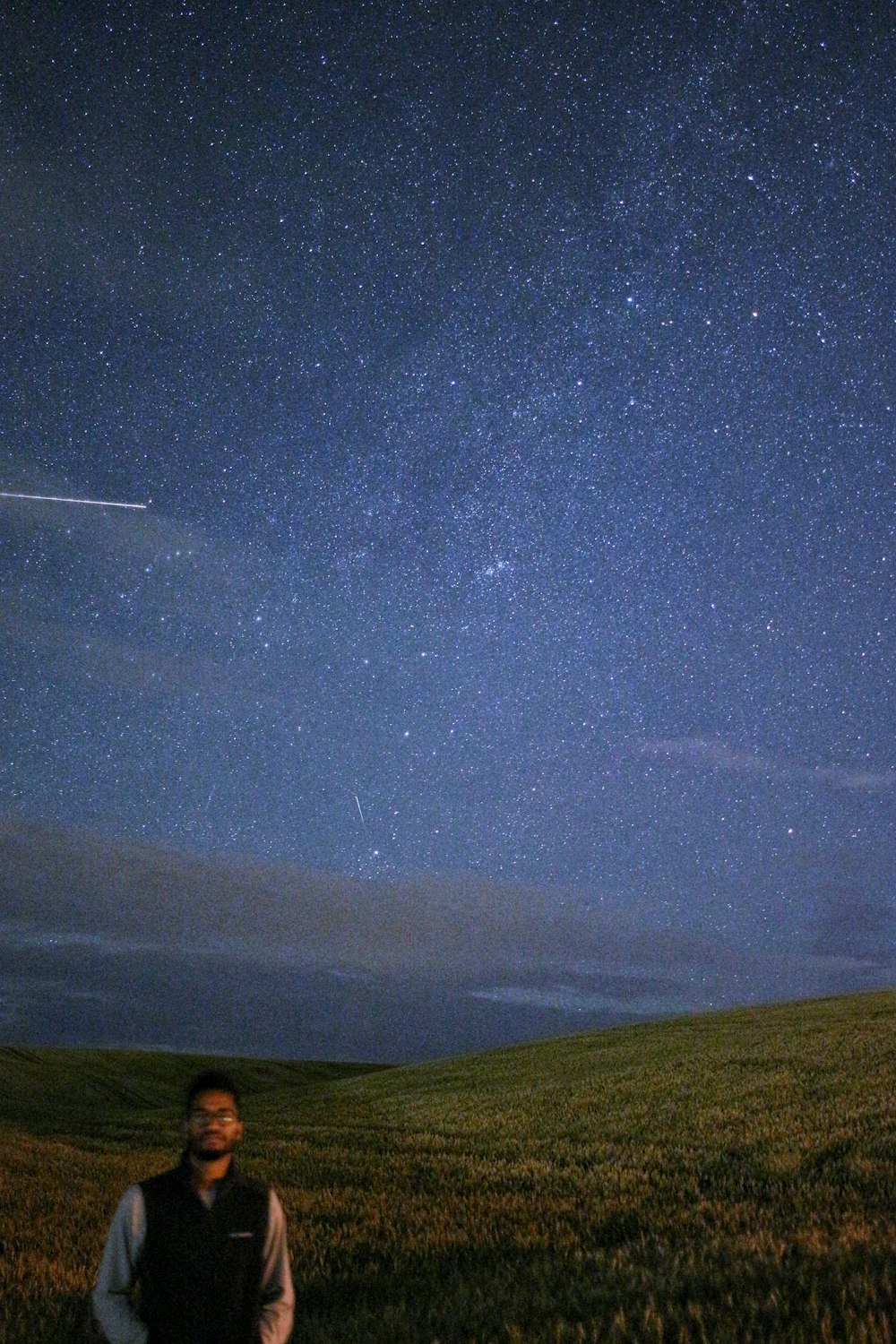 man standing on meadows under starry sky