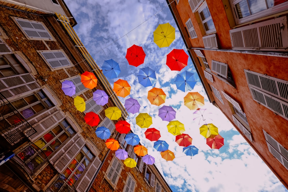 umbrella hanging beside buildings