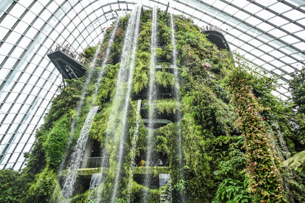 A lush indoor vertical garden features cascading waterfalls over dense, vibrant green foliage. A glass-ceiling structure allows natural light to flood the space, creating a refreshing and serene atmosphere. There are walkways and observation decks from which people can admire the verdant scenery.