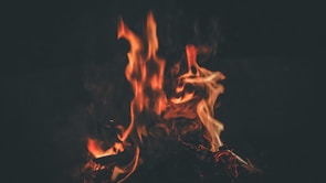 Bright orange and yellow flames rise against a dark background, creating a sense of warmth and energy. The fire flickers and dances, with tendrils of flame twisting and curling.