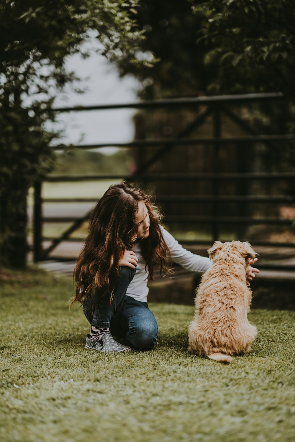 shallow focus photography of child petting puppy