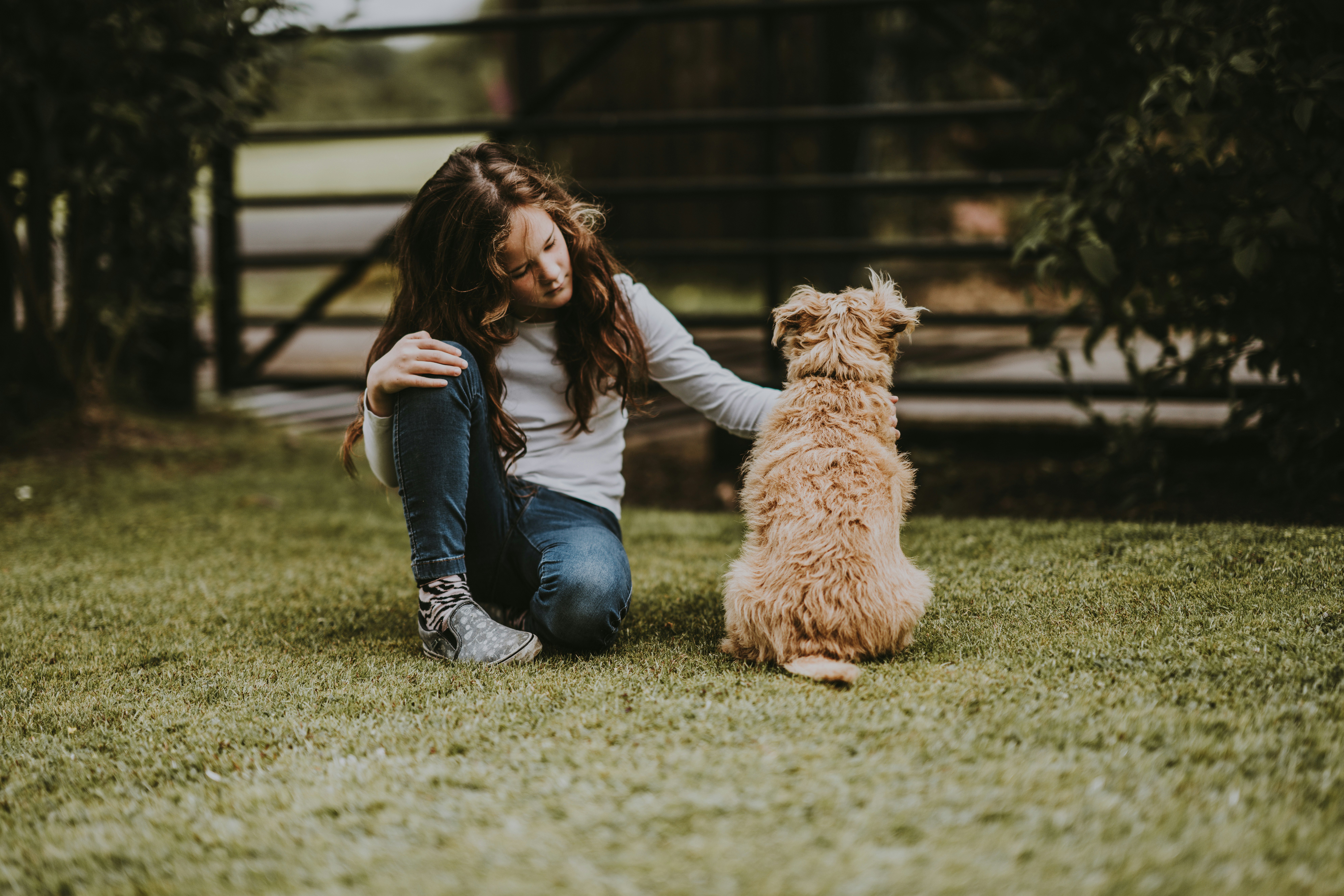 A woman petting a tan, fluffy medium sized dog