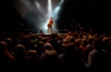 man playing guitar while performing on stage