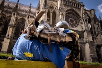 A medieval knight in full armor, including a shiny helmet and gauntlets, leans on a wooden fence. The knight wears a blue tunic with yellow emblems. The background features a large, ornate cathedral with detailed stone architecture and a rose window.