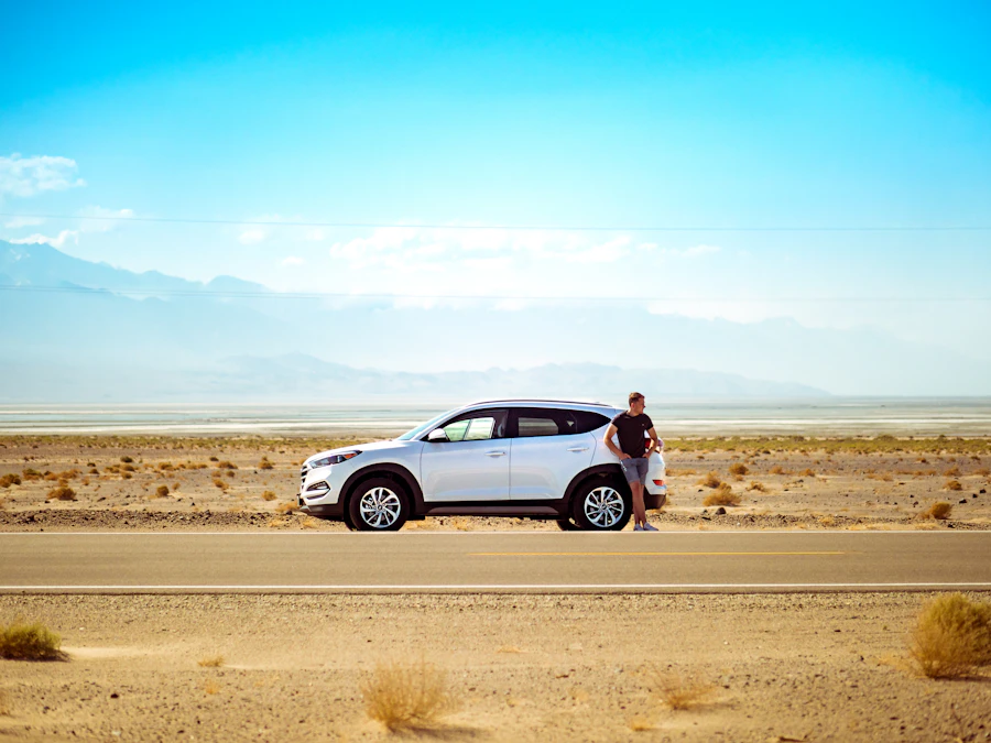 Driver waiting beside a vehicle for roadside help