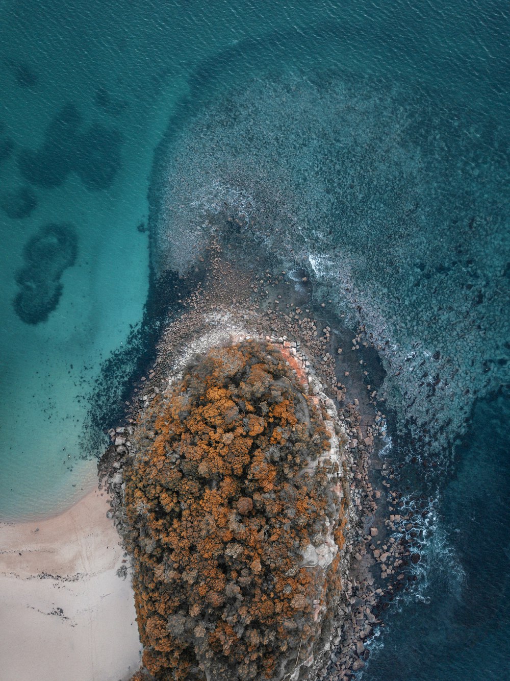 bird's-eye view photo rocks near seashore