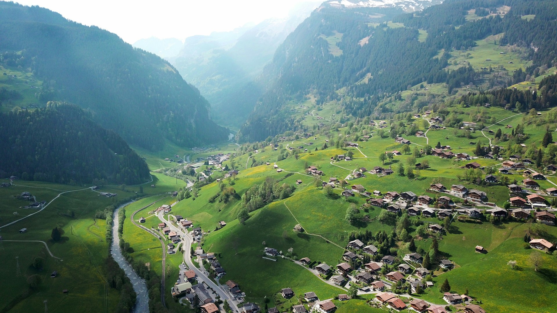 Aerial view of Grindelwald village nestled in the Swiss Alps