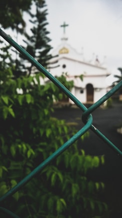 A view through a chain-link fence with a blurred background showing a white church building with a cross on top. The foreground features green foliage in focus, while the sky appears overcast.