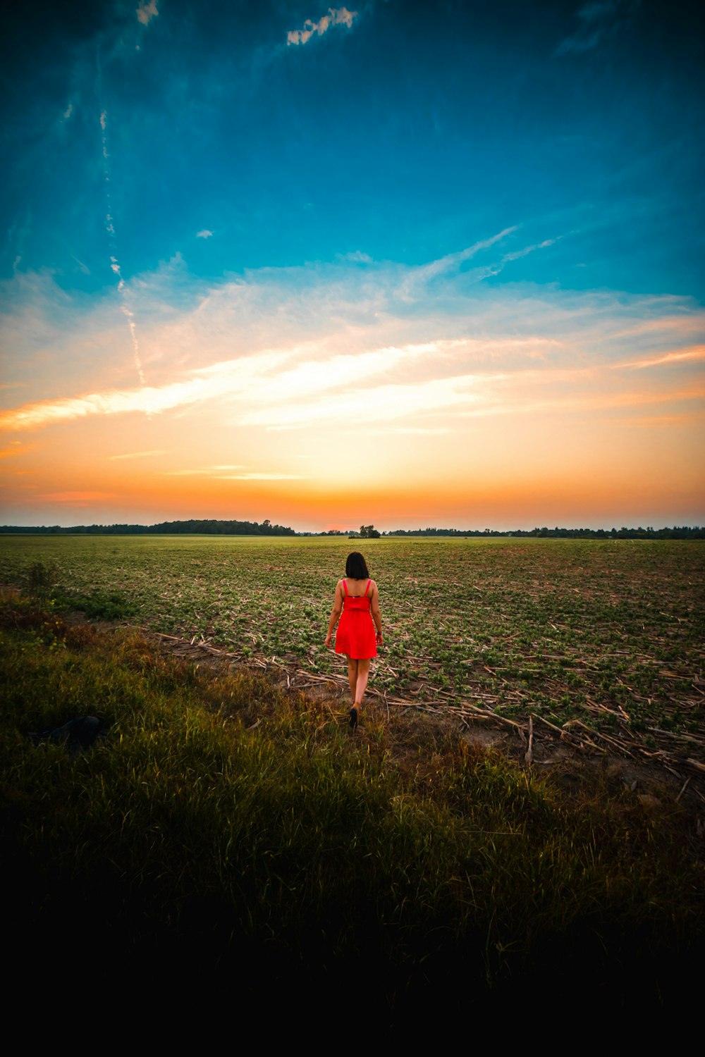 femme marchant dans un champ d’herbe