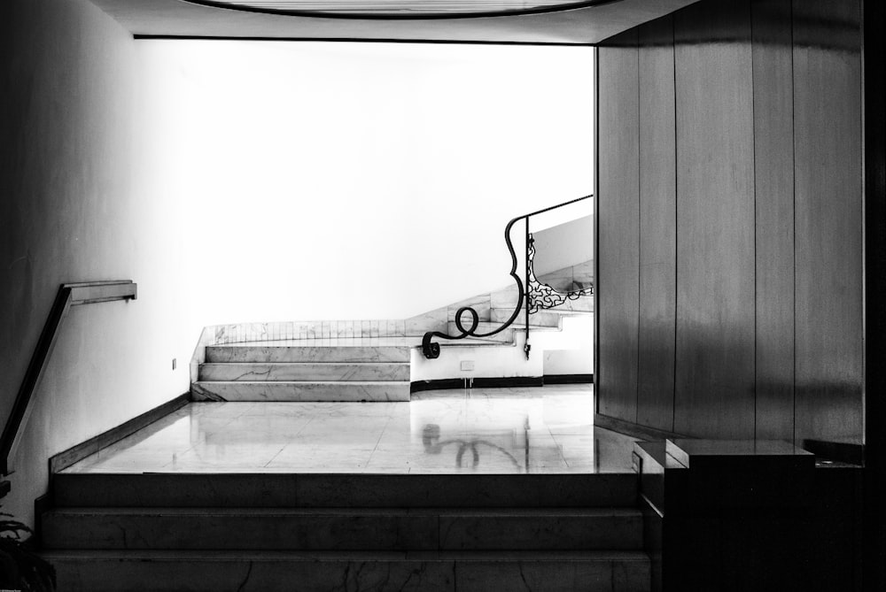 grayscale photo of staircase
