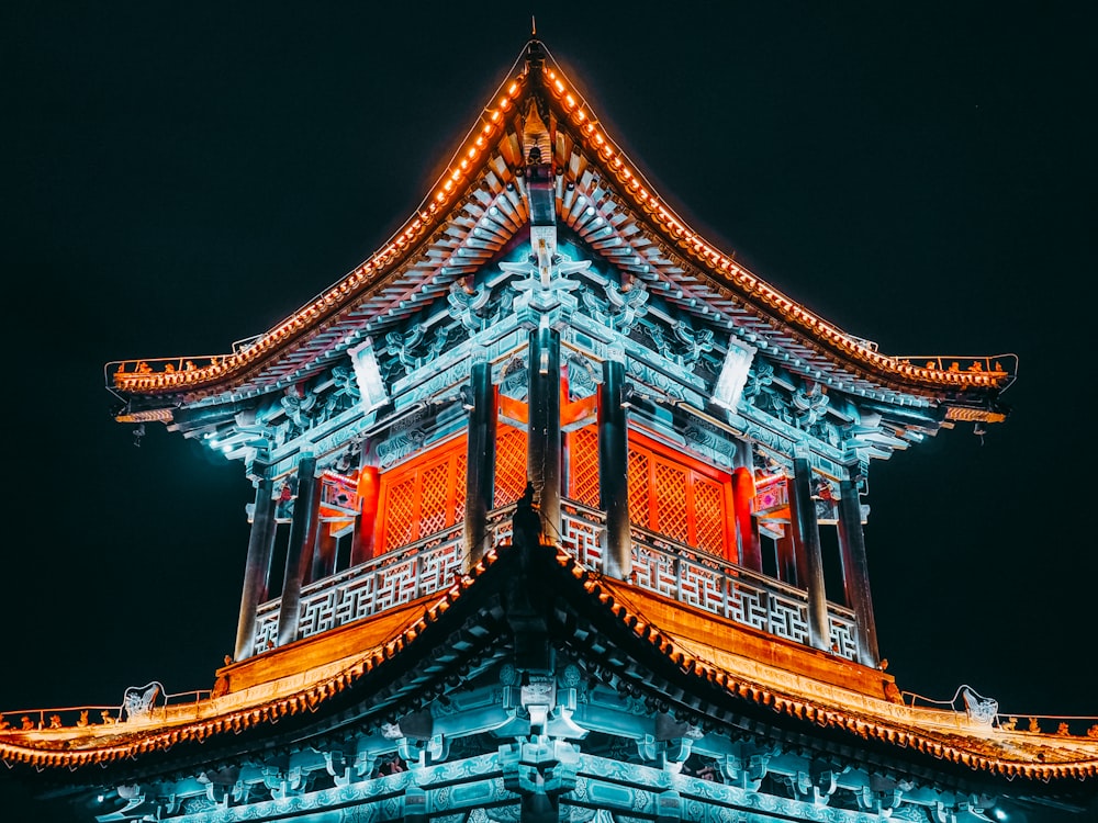 lighted pagoda temple at night time