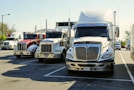A fleet of trucks lined up ready for transport under a clear sky.