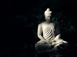 A serene illustration of a Buddha bear meditating peacefully in a sunlit forest clearing.