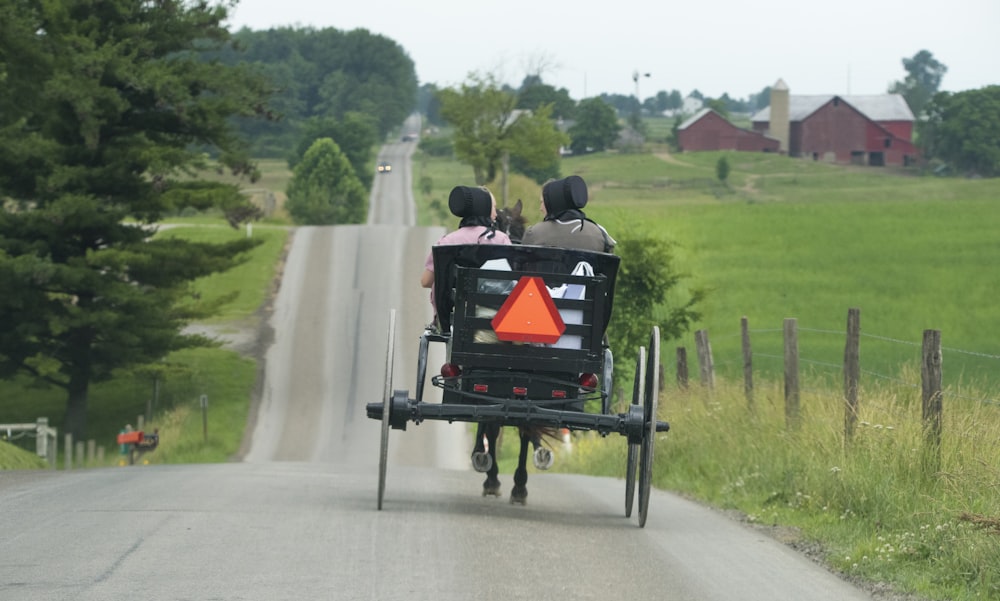 Photo de deux personnes montées sur une calèche noire roulant sur une route en béton gris