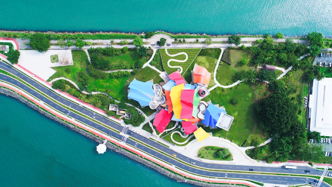 aerial view of multicolored roof building next to road,
